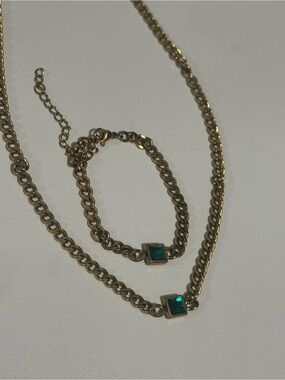 Gold-Tone Necklace and Bracelet Set with Green Stone Accent